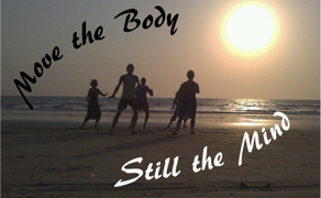 Move the Body Still the Mind moving meditation class logo with photo of people performing Tai Chi on a beach and silhouetted by the sun